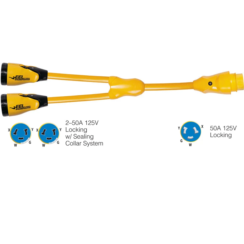 Marinco Y504-2-504 EEL (2)50A-125/250V Female to (1)50A-125/250V Male "Y" Adapter - Yellow – Marine Boat Replacement Part