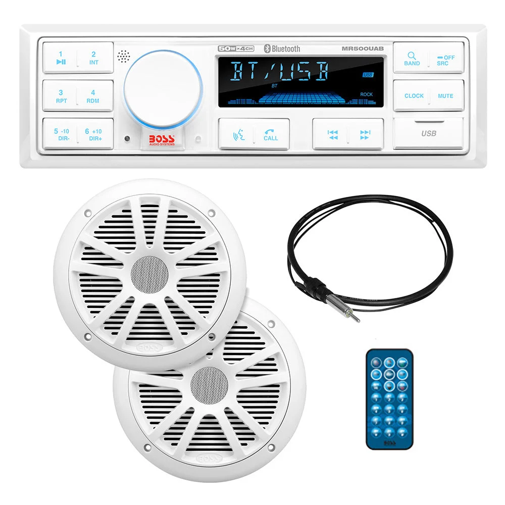 Boss Audio MCK500WB.6 Kit w/MR500UAB, 2 MR6W Speakers, MRANT10 Antenna, & White Remote *Refurbished – Marine Boat Replacement Part