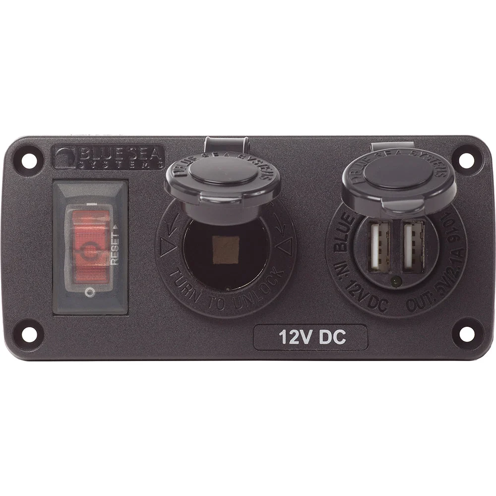 Blue Sea Systems 4363 Water Resistant USB Accessory Panels - 15A Circuit Breaker, 12V Socket, 2.1A Dual USB Char – Marine Boat Replacement Part