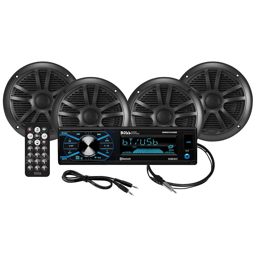 Boss Audio MCBK634B.64 Kit w/MR634UAB, 4 MR6B Speakers, & MRANT10 Antenna – Marine Boat Replacement Part
