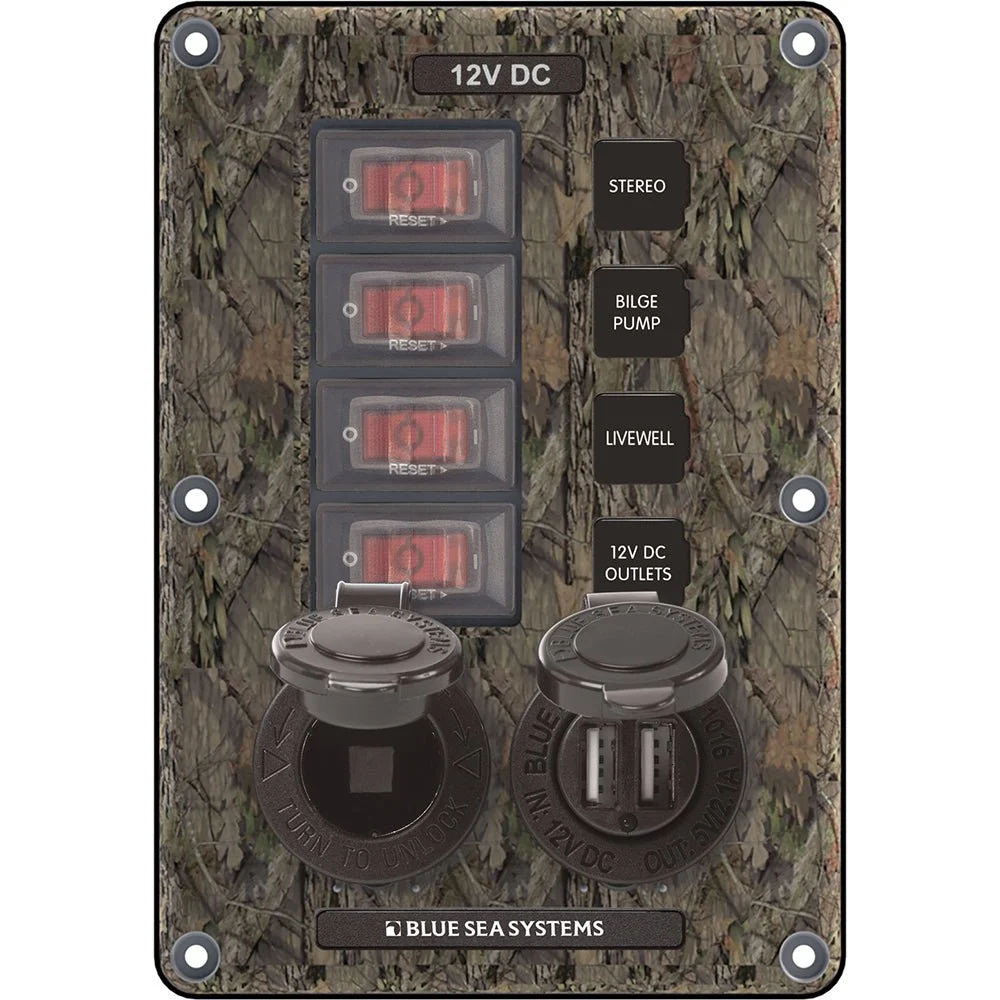 Blue Sea Systems 4324 Circuit Breaker Switch Panel 4 Postion - Camo w/12V Socket & Dual USB – Marine Boat Replacement Part