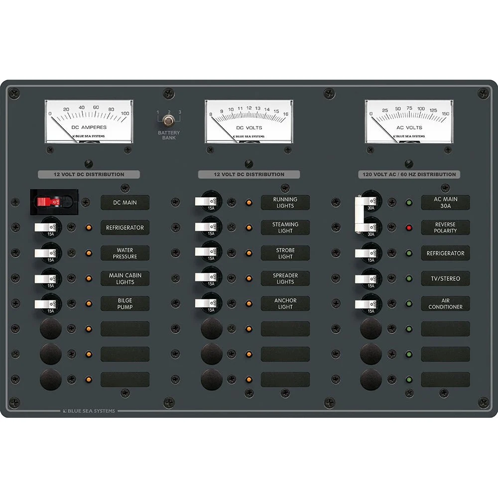 Blue Sea Systems 8084 AC Main +6 Positions/DC Main +15 Positions Toggle Circuit Breaker Panel - White Switches – Marine Electrical Replacement Part
