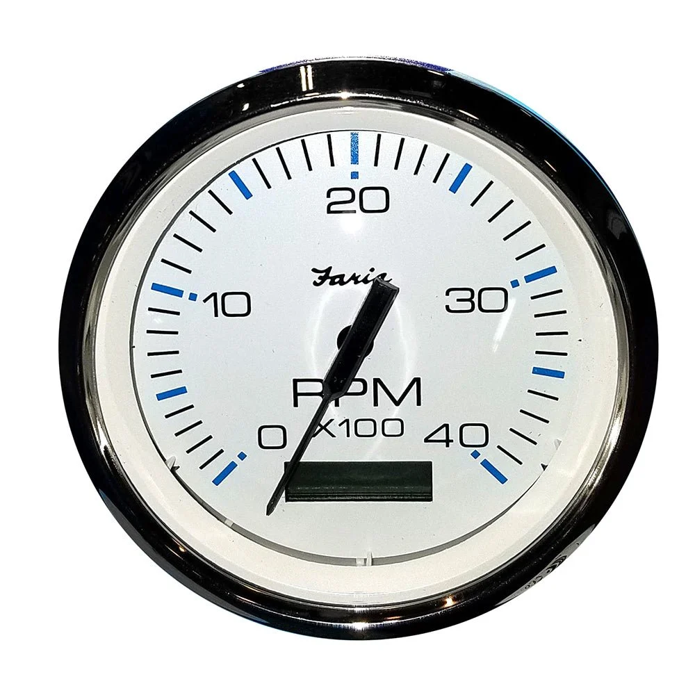 Faria Beede Instruments Chesapeake White SS 4" Tachometer w/Hourmeter (4000 RPM) (Diesel) (Mech. Takeoff & Var. Ratio A – Marine Boat Replacement Part