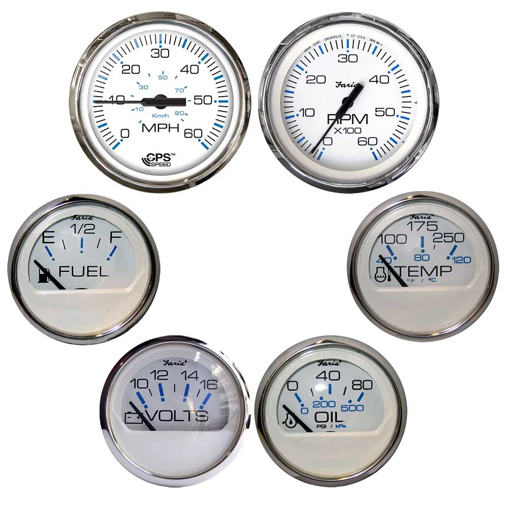 Faria Beede Instruments Inboard Chesapeake White w/Stainless Steel Bezel Boxed Set of 6 - Speed, Tach, Fuel Level, Voltmeter, W