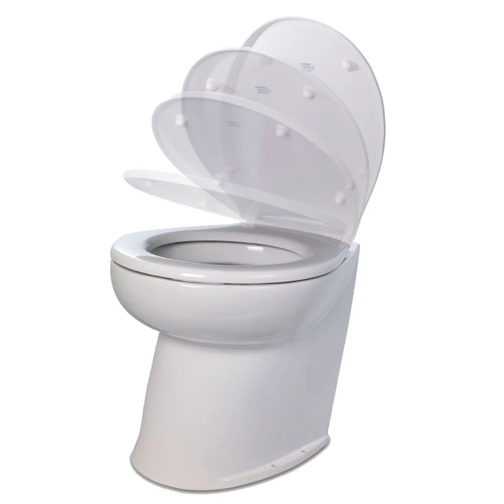 Jabsco Deluxe Flush 14" Angled Back 12V Raw Water Electric Marine Toilet w/Remote Rinse Pump & Soft Cl