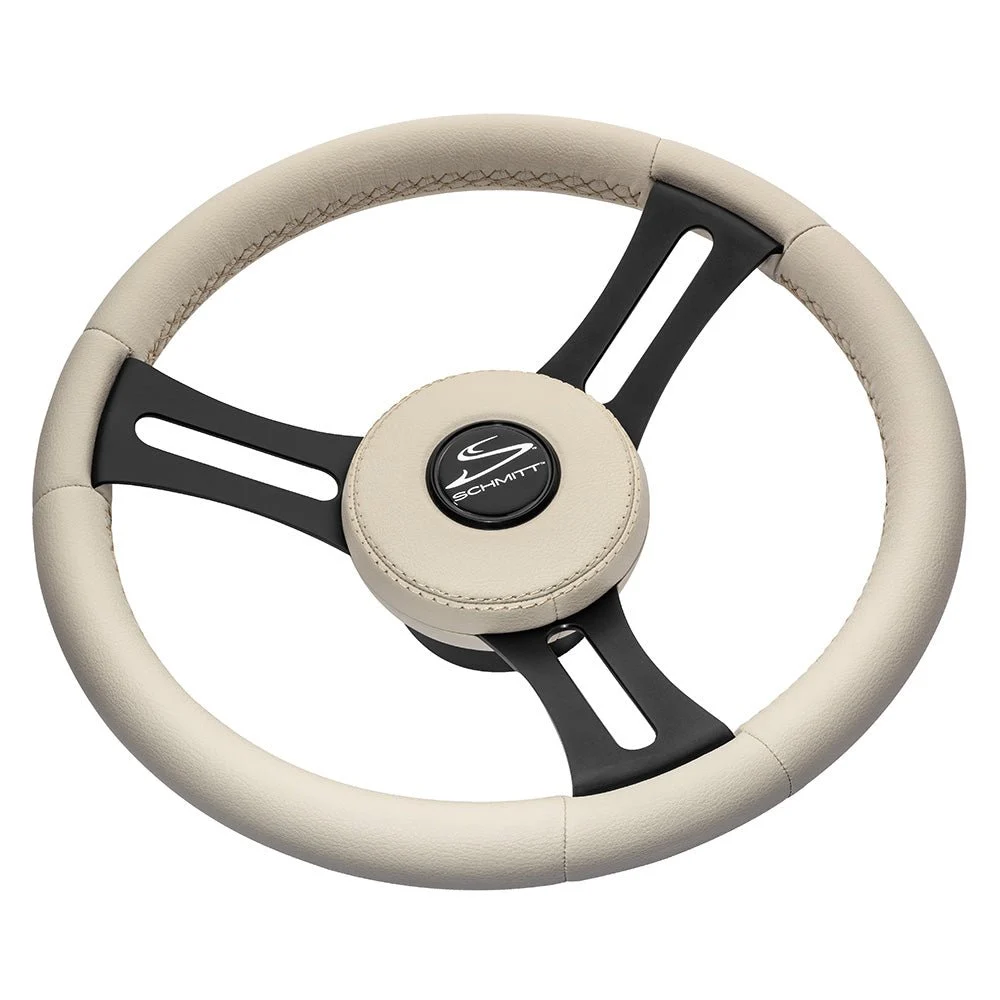 Schmitt Marine Torcello Elite 14" Wheel - Beige Leather & Cap - White Stitching - Black SS Spokes - 3/4" Taper