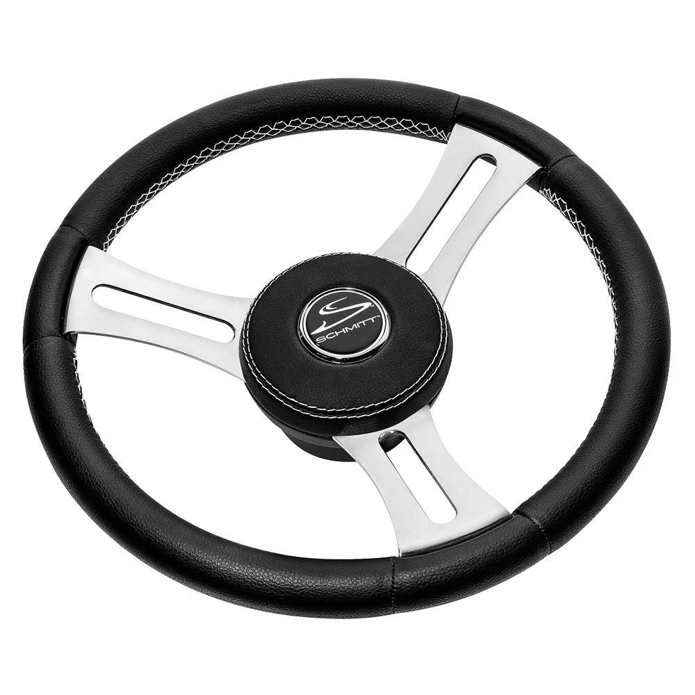 Schmitt Marine Torcello Elite 14" Wheel - Black Leather & Cap - White Stitching - Polished SS Spokes - 3/4" Ta