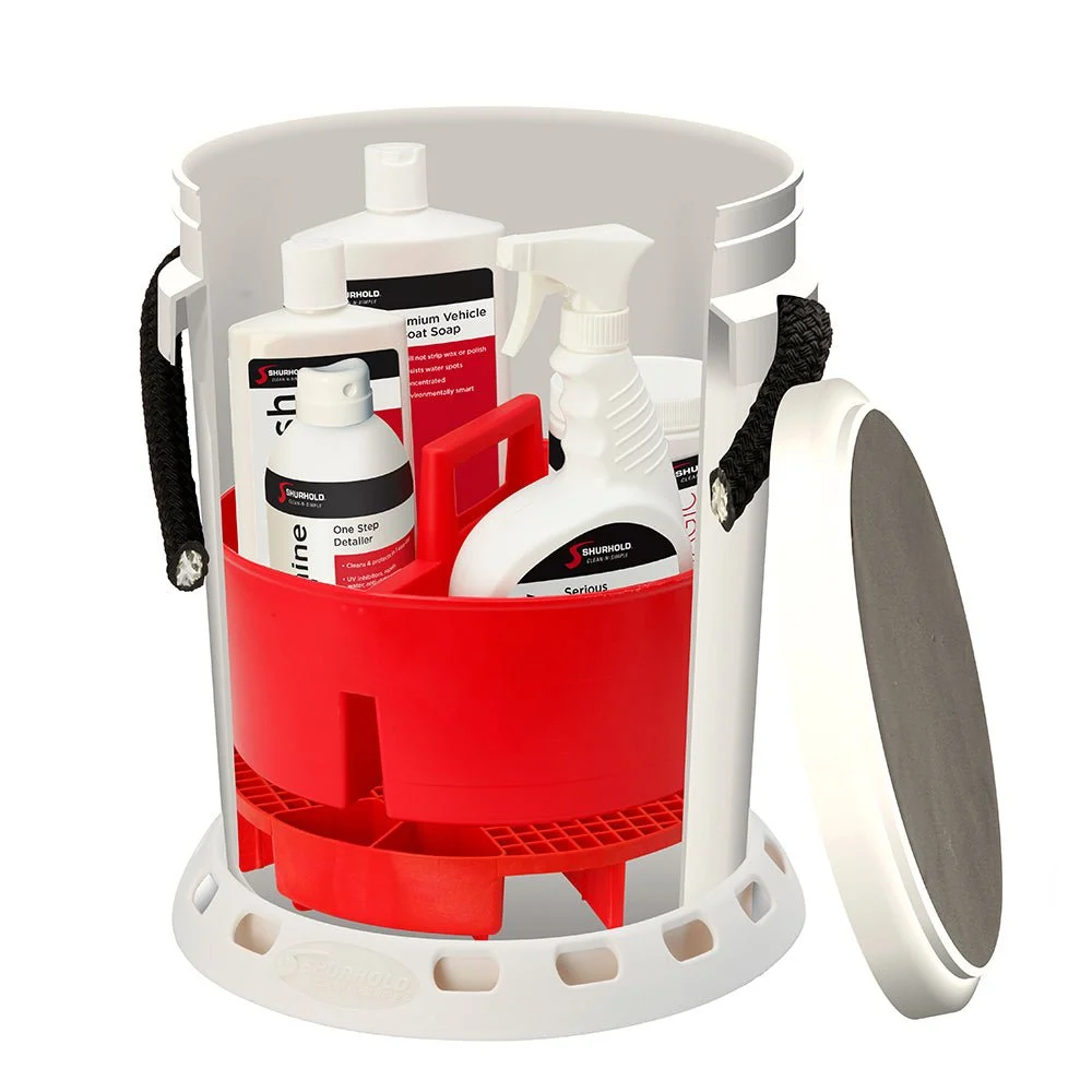Shurhold 5 Gallon White Bucket Kit - Includes Bucket, Caddy, Grate Seat, Buff Magic, Pro Polish Brite Wa – Marine Boat Replacement Part